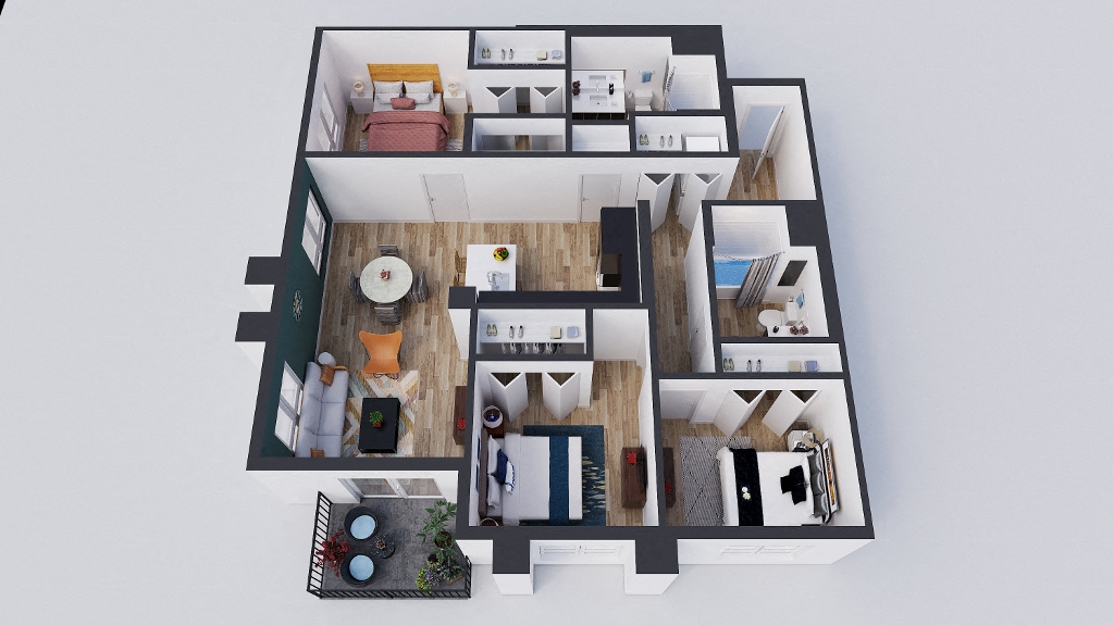 Floor plan for 3 beds, 2 baths, 1286 sqft